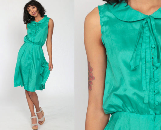 70s Green Midi Dress Peter Pan Collar High Waist Button Front Extra Small