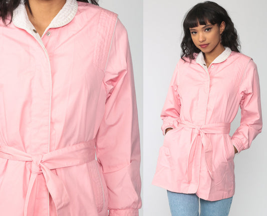 80s Baby Pink Hooded Windbreaker Jacket Belted Cotton Small