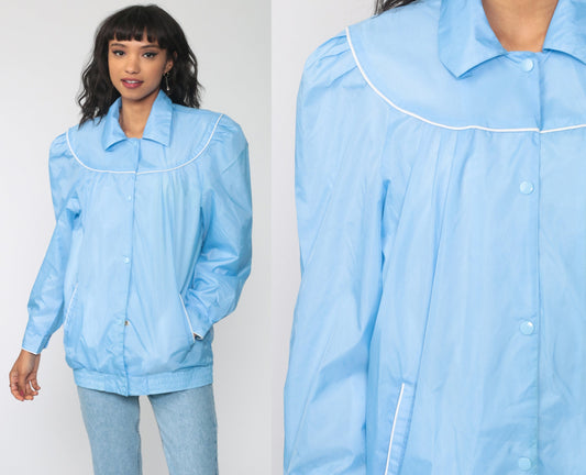 80s Blue Windbreaker Jacket Puff Sleeve Bomber Medium