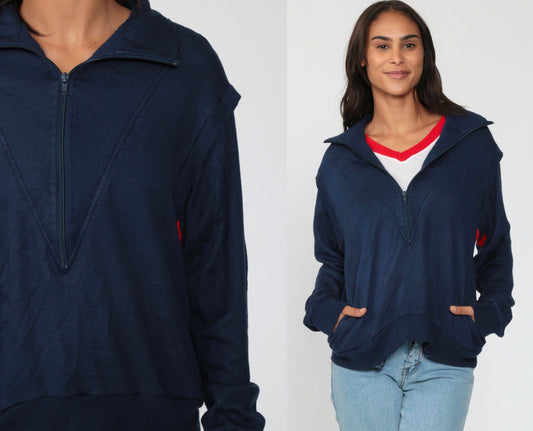 80s Half Zip Sweatshirt Attached Mesh Tank Navy Red White Ringer V-Neck Medium