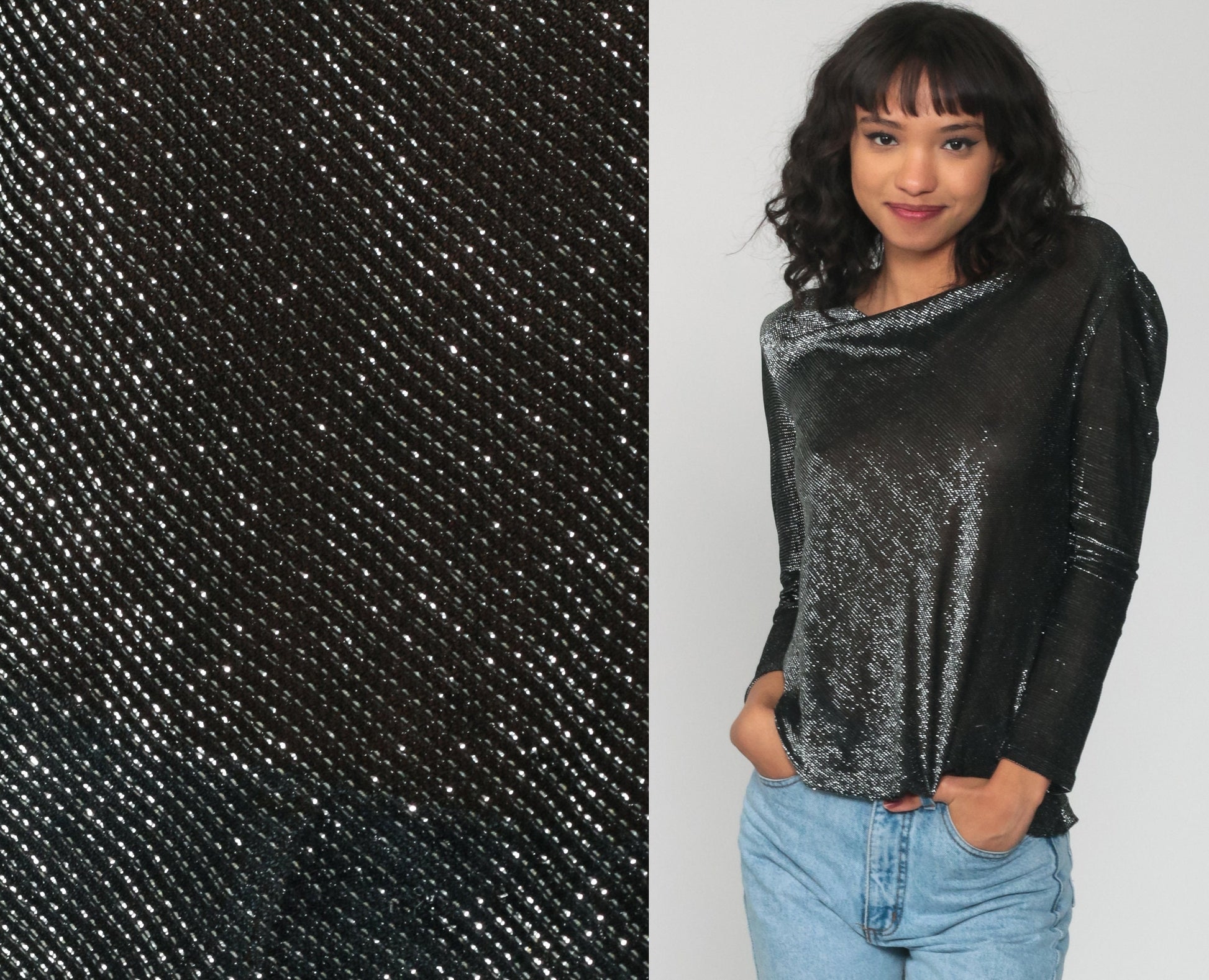 70s Metallic Silver Black Cowl Neck Blouse Puff Sleeve Sheer Top Small