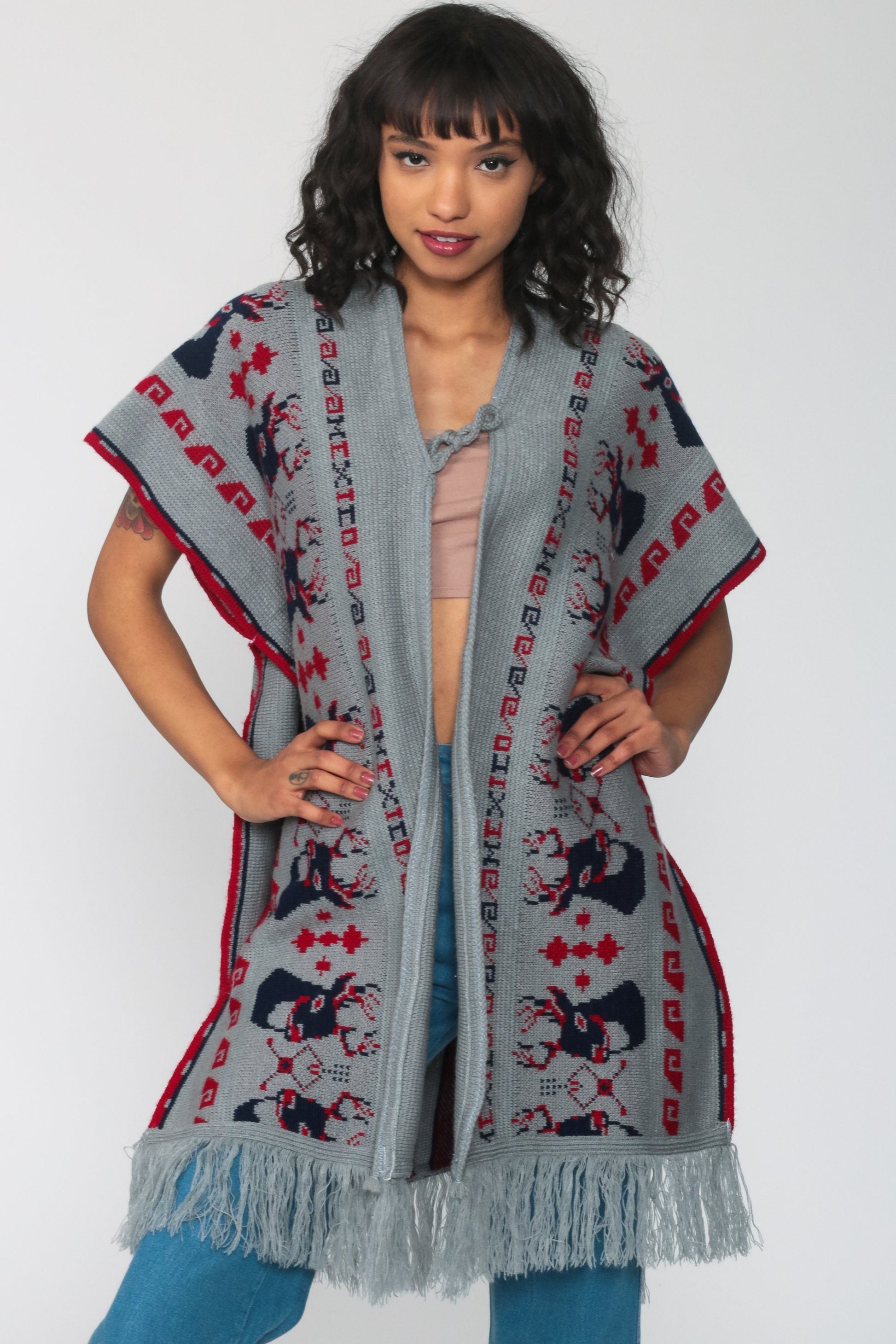 70s Deer Knit Poncho Shawl Fringe Cape Grey One Size