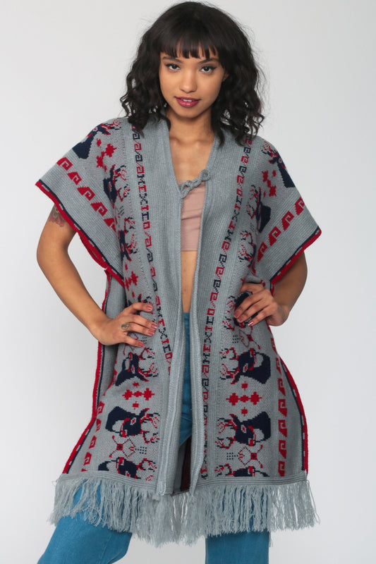70s Deer Knit Poncho Shawl Fringe Cape Grey One Size