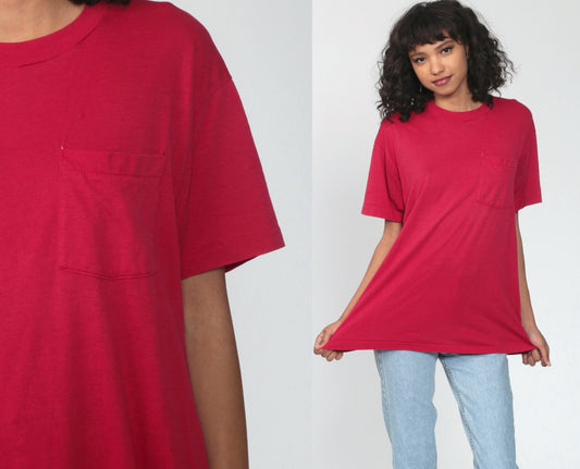 80s Deep Pink Single Stitch T-Shirt Pocket Tee Cotton Blend Large