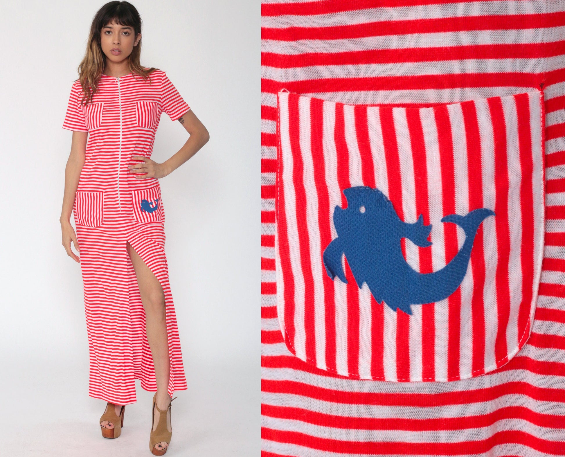 70s Red White Striped Maxi Dress Fish Pocket Front Zip Column Small Medium