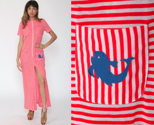 70s Red White Striped Maxi Dress Fish Pocket Front Zip Column Small Medium