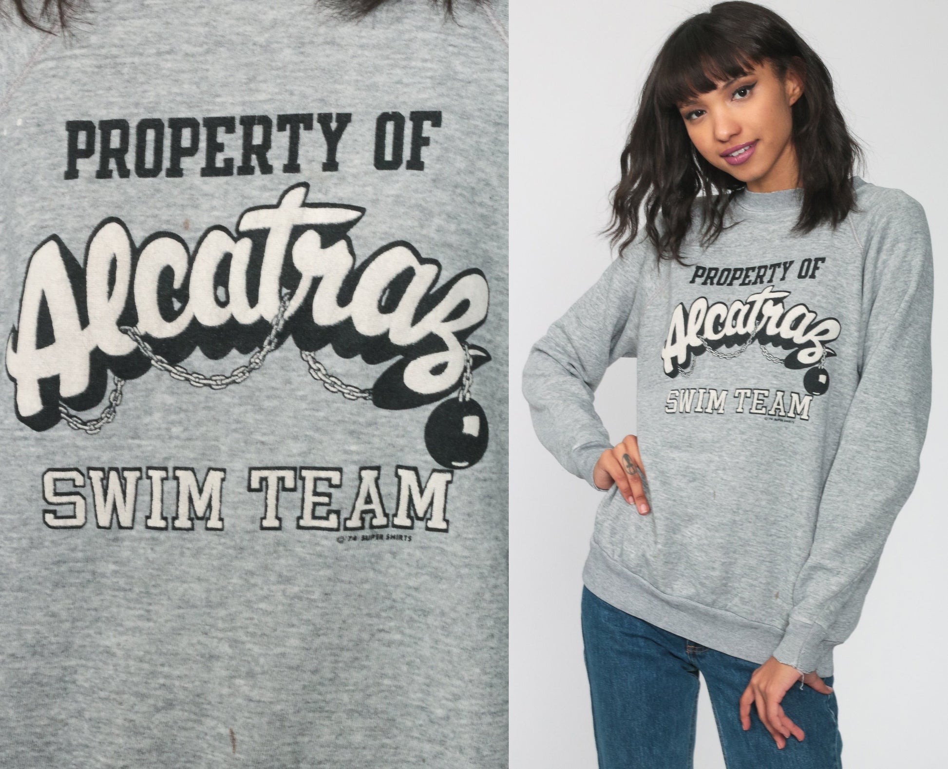 80s Alcatraz Swim Team Graphic Sweatshirt Raglan Jumper Large