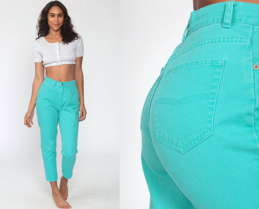 90s Turquoise High-Waisted Tapered Jeans Ankle Denim Extra Small