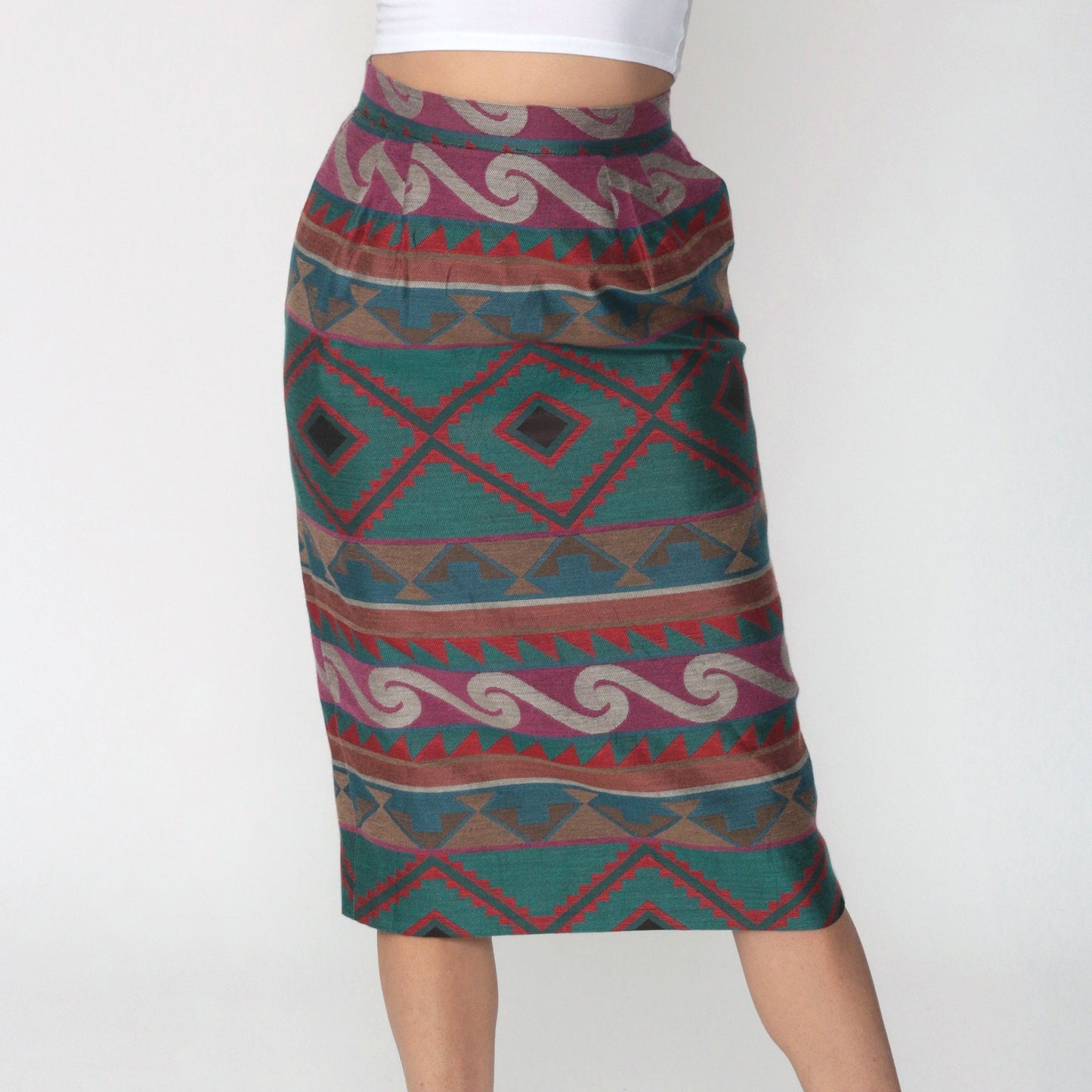80s Tapestry Geometric High-Waist Knee Skirt Pencil Wiggle Extra Small XS