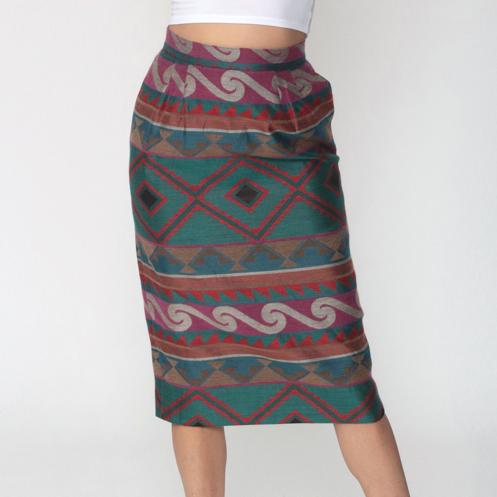 80s Tapestry Geometric High-Waist Knee Skirt Pencil Wiggle Extra Small XS