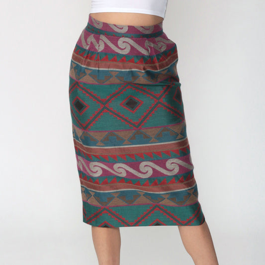80s Tapestry Geometric High-Waist Knee Skirt Pencil Wiggle Extra Small XS