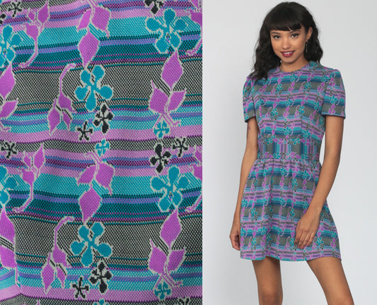 70s Floral Mini Dress Purple Blue Puff Sleeve High Waist Small