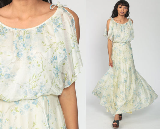 70s Cream Floral Maxi Dress Blouson Bodice Split Sleeves Extra Small