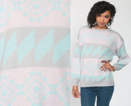 80s Southwestern Tribal Sweater Pastel Pink Geometric Knit Medium