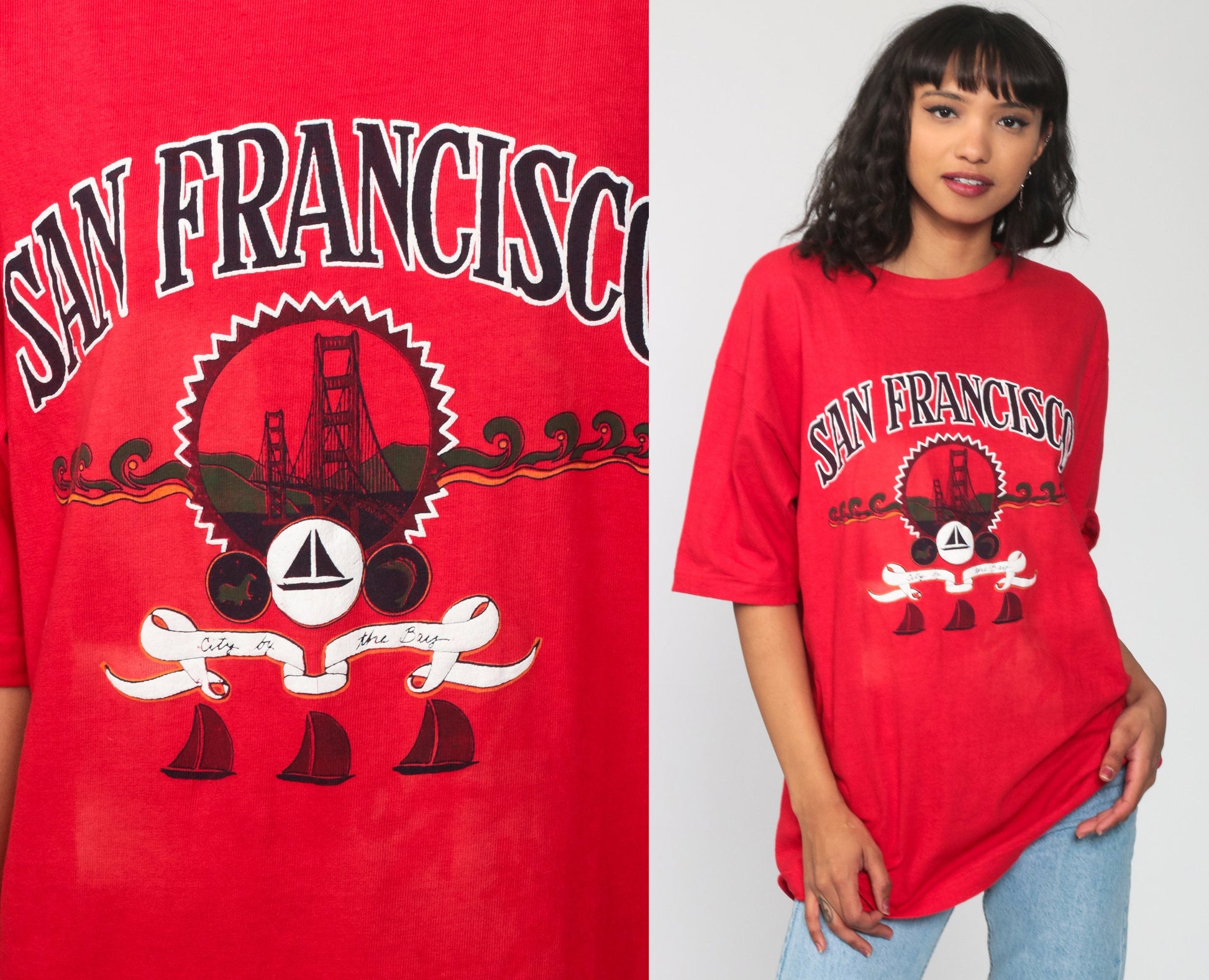 90s San Francisco Golden Gate Bridge Graphic Tee Red Sailboat Cotton Large