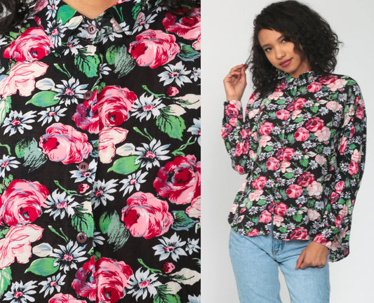 80s Floral Button Up Shirt Black Pink Print Long Sleeve Blouse Large