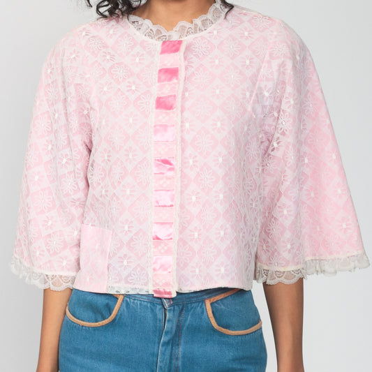 70s Baby Pink Lace Lingerie Pajama Top Button-Up Sleep Shirt Small