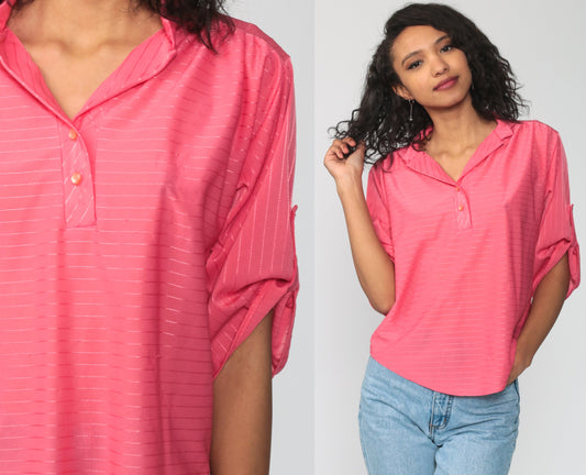 80s Pink Striped Button-Up Blouse Short Sleeve Collar Shirt Medium