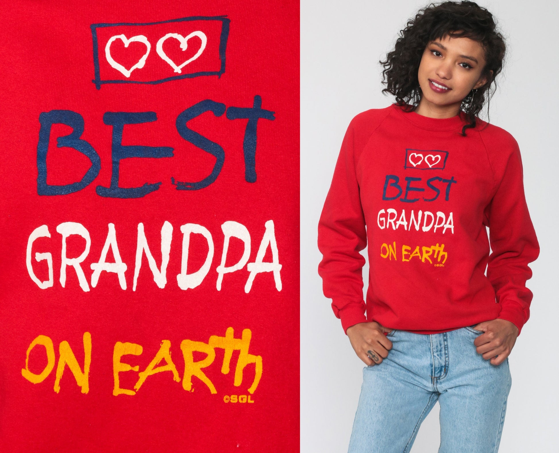 80s Best Grandpa On Earth Raglan Sweatshirt Red Graphic Crewneck Medium