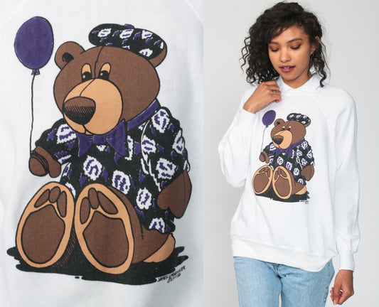 80s Teddy Bear Balloon Raglan Sweatshirt Cream Collar Graphic Medium