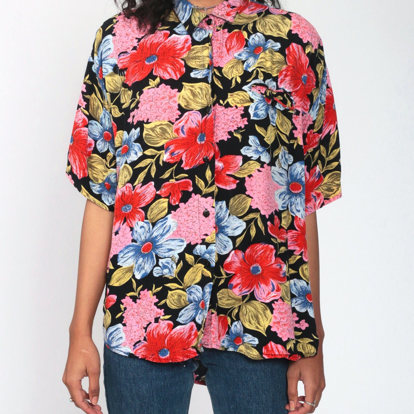 80s Floral Button Up Shirt Rayon Short Sleeve Blouse Black Red Pink Large