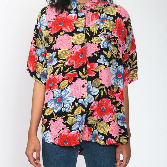 80s Floral Button Up Shirt Rayon Short Sleeve Blouse Black Red Pink Large