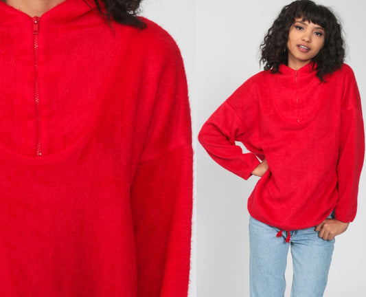 80s Red Fleece Hoodie Pullover Sweatshirt Medium
