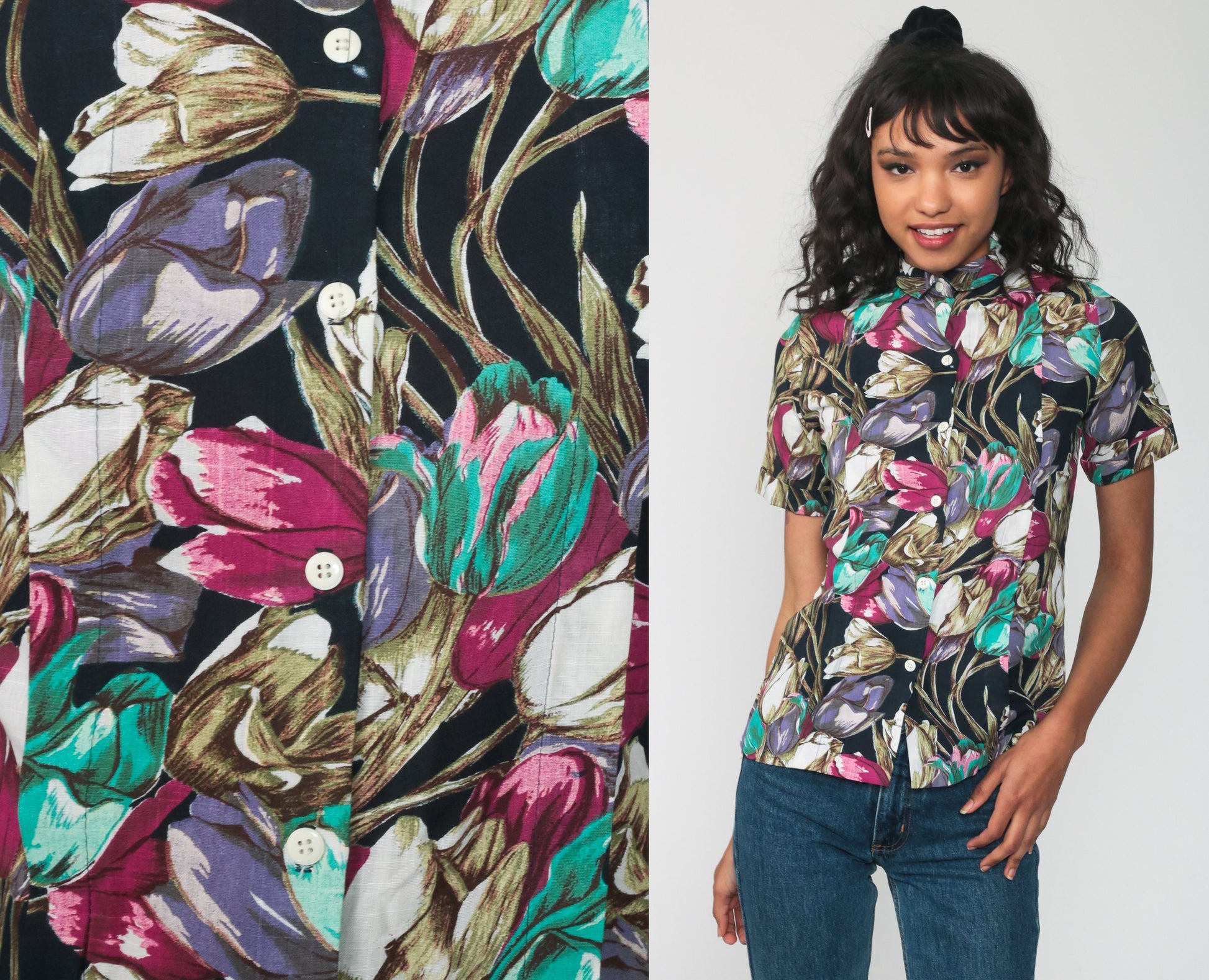 90s Floral Rayon Button-Up Shirt Short Sleeve Grey Small