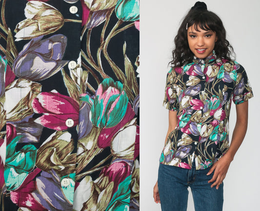 90s Floral Rayon Button-Up Shirt Short Sleeve Grey Small