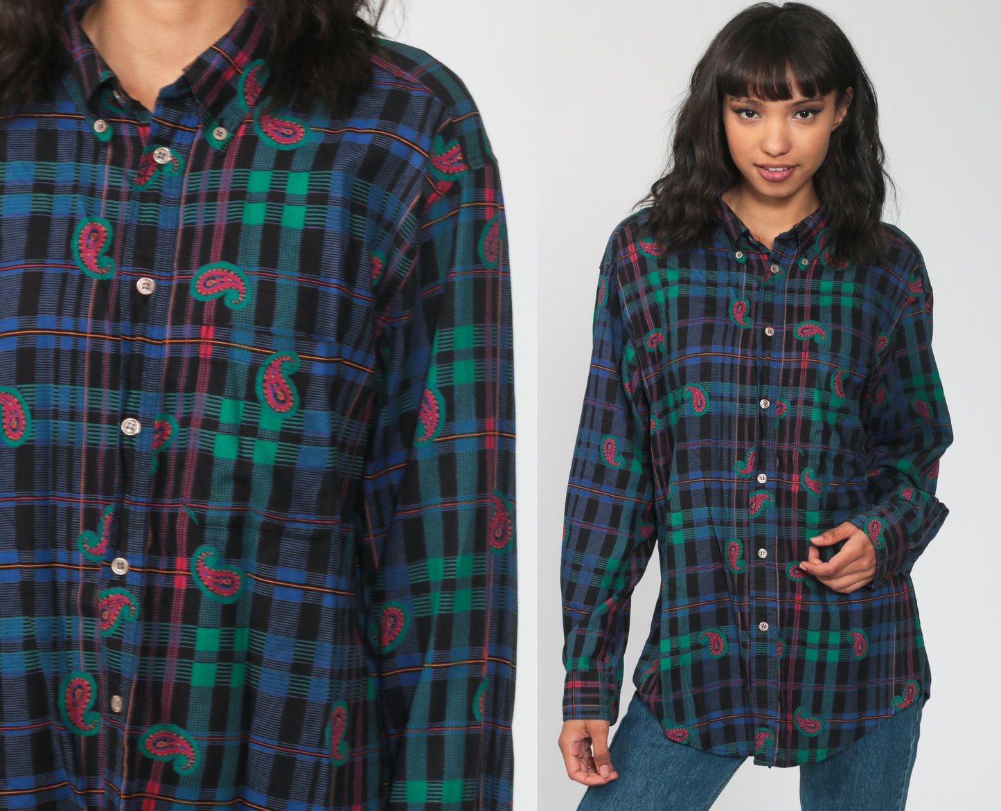 90s Plaid Paisley Button Up Shirt Blue Long Sleeve Blouse Large