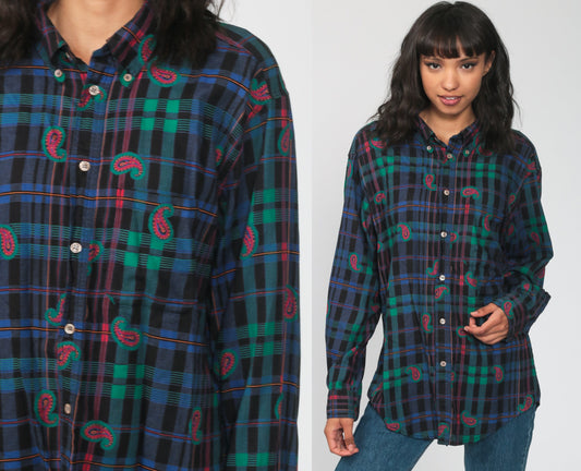 90s Plaid Paisley Button Up Shirt Blue Long Sleeve Blouse Large