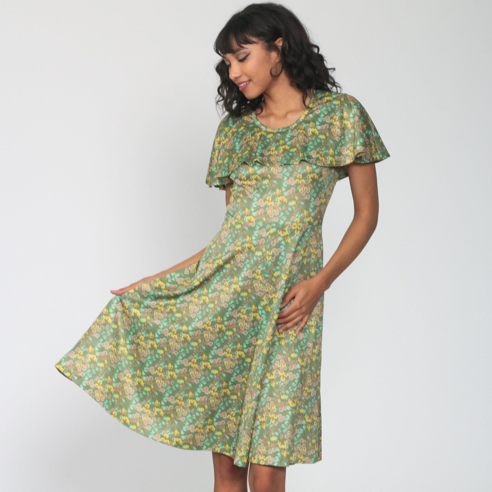 70s Green Floral Midi Dress Capelet High Waist Sleeveless Small