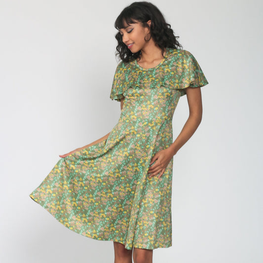 70s Green Floral Midi Dress Capelet High Waist Sleeveless Small