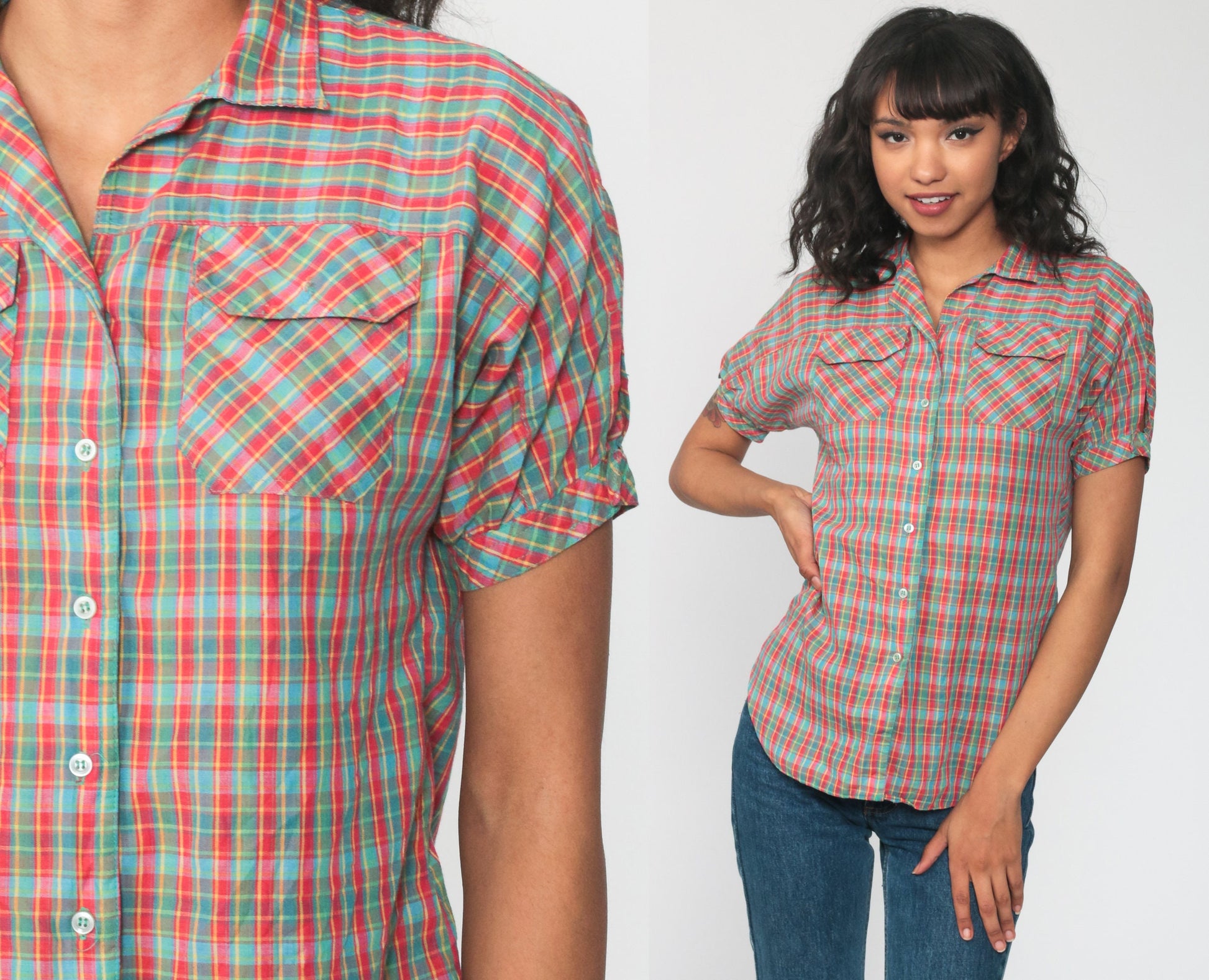 80s Plaid Cotton Button-Up Blouse Red Green Puff Sleeve Extra Small