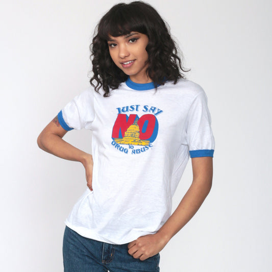 80s Say No To Drugs Ringer T-Shirt Burnout Graphic Tee Unisex Small
