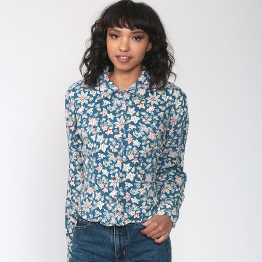 Guess 90s Floral Button-Up Blouse Blue Long Sleeve Medium