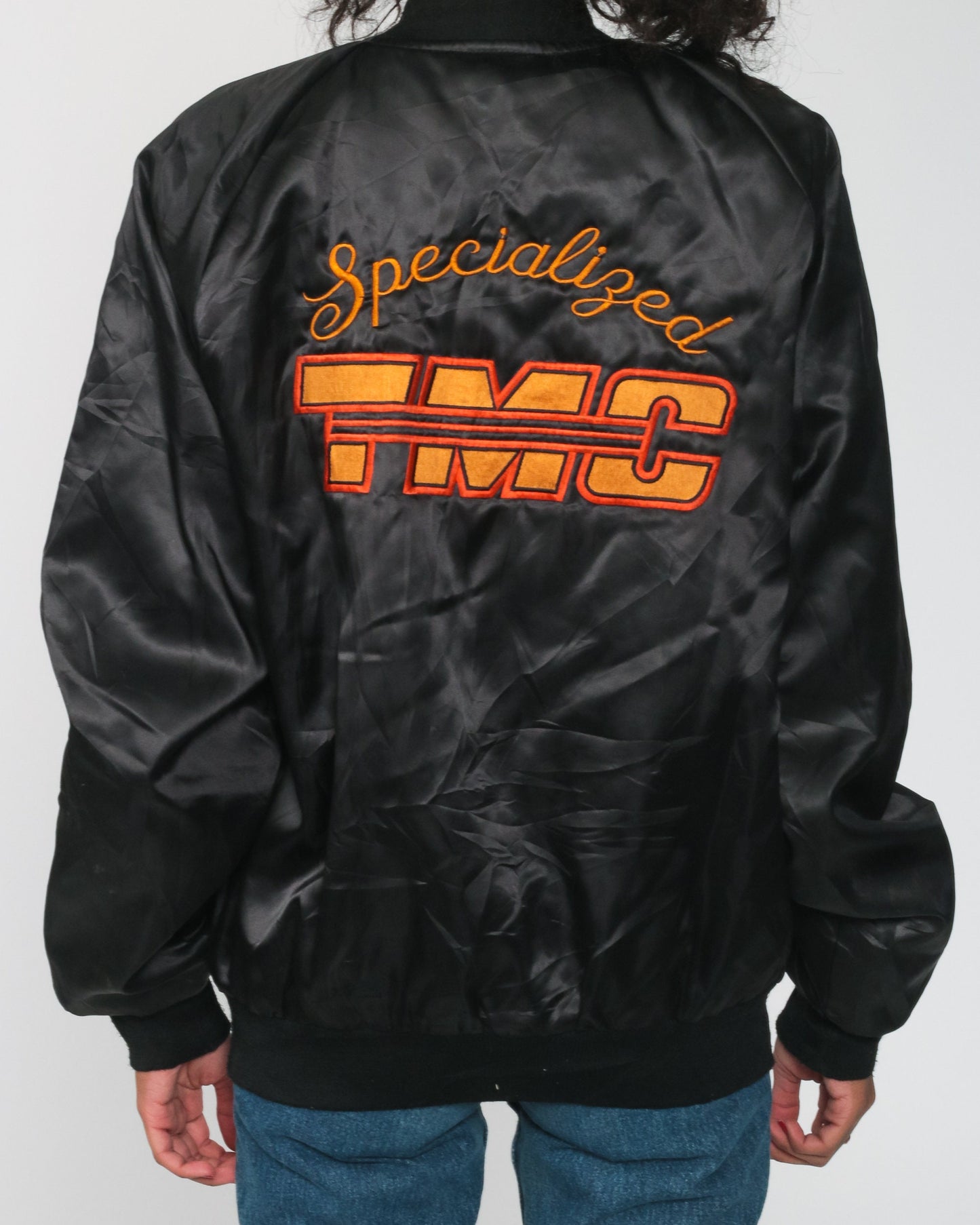 80s TMC Specialized Black Satin Bomber Jacket Snap Up Medium Large