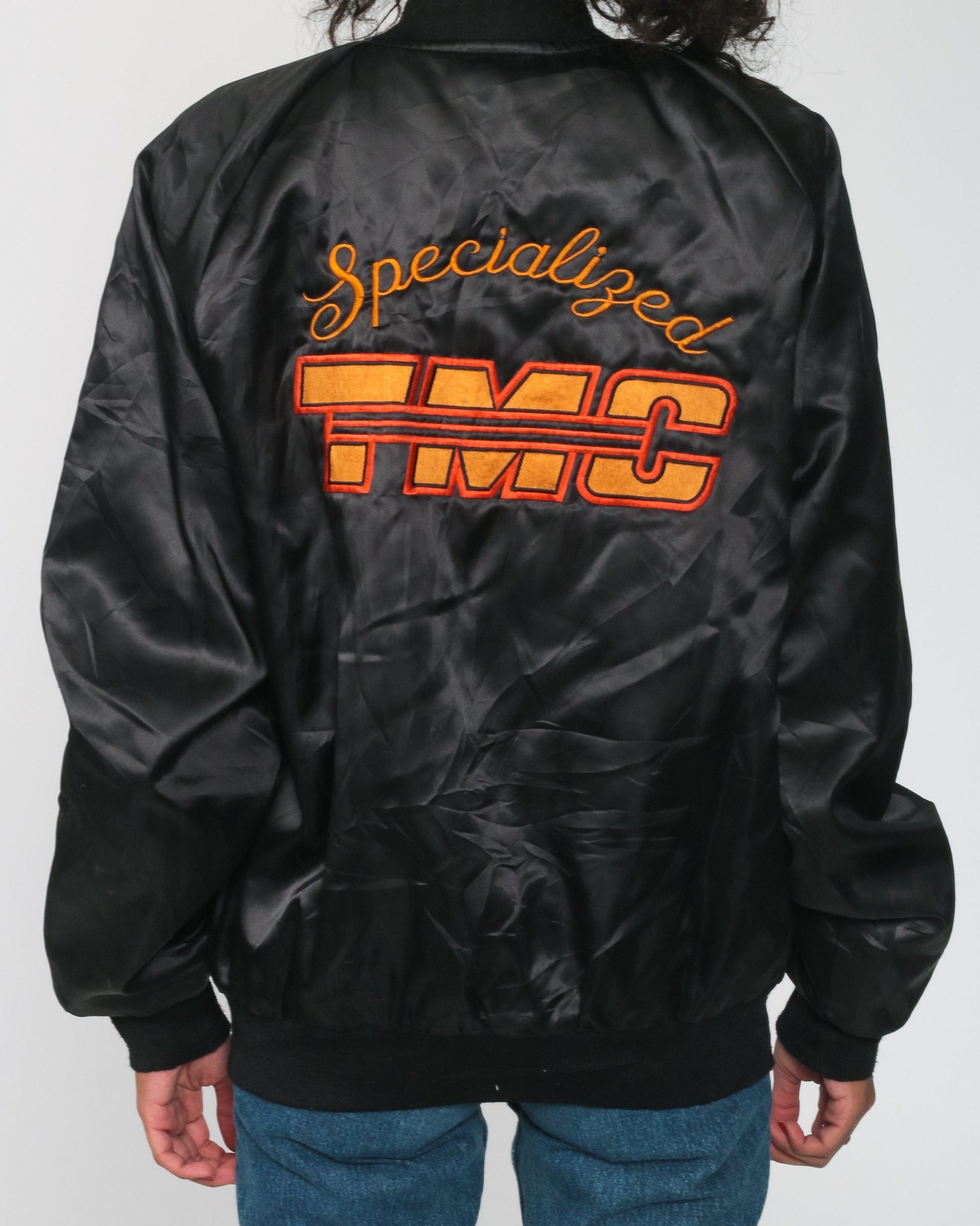 80s TMC Specialized Black Satin Bomber Jacket Snap Up Medium Large