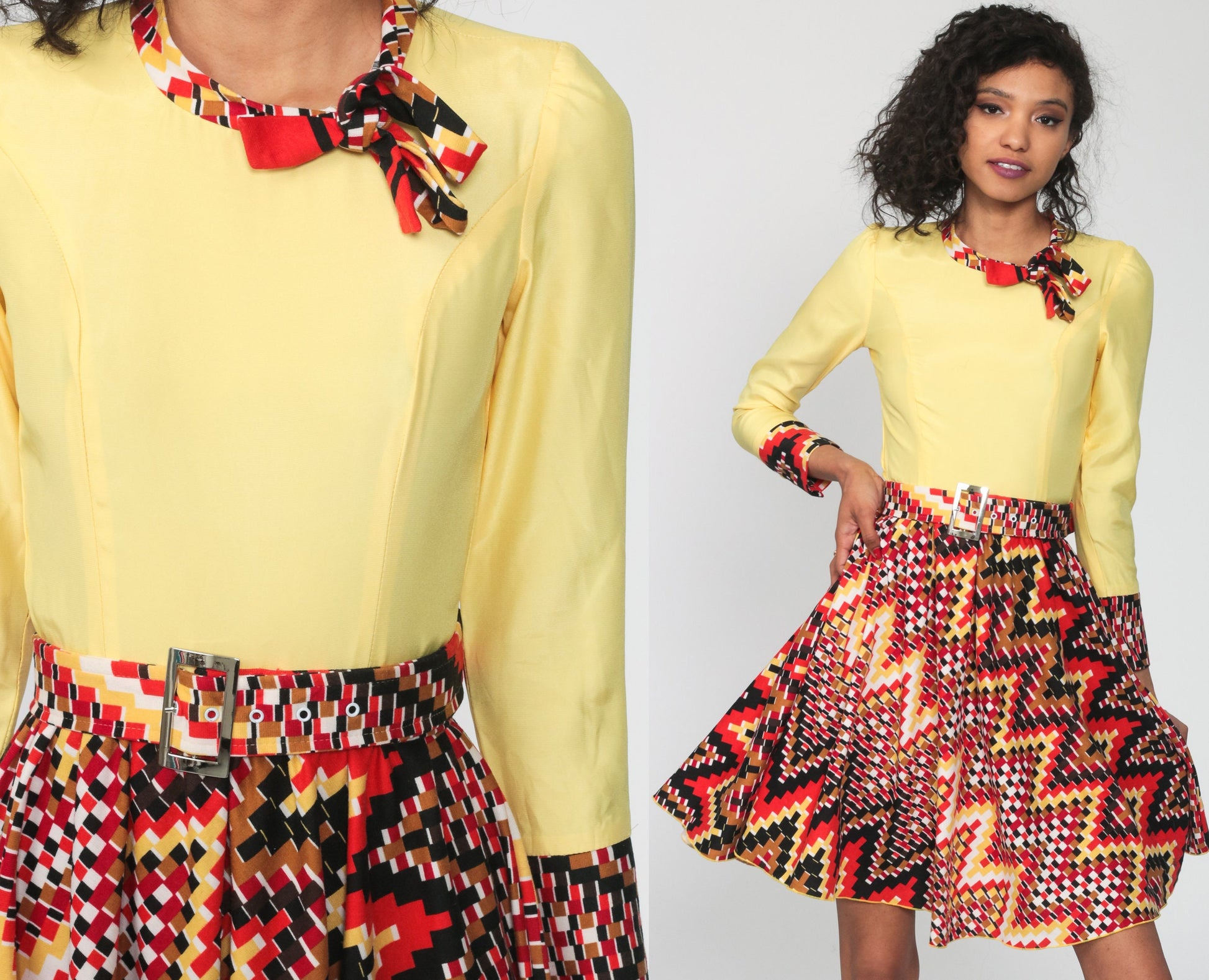 70s Geometric Mini Dress Long Sleeve High Waist Yellow Orange Extra Small