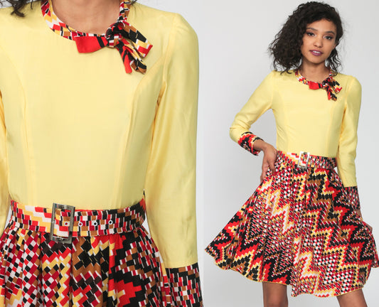 70s Geometric Mini Dress Long Sleeve High Waist Yellow Orange Extra Small