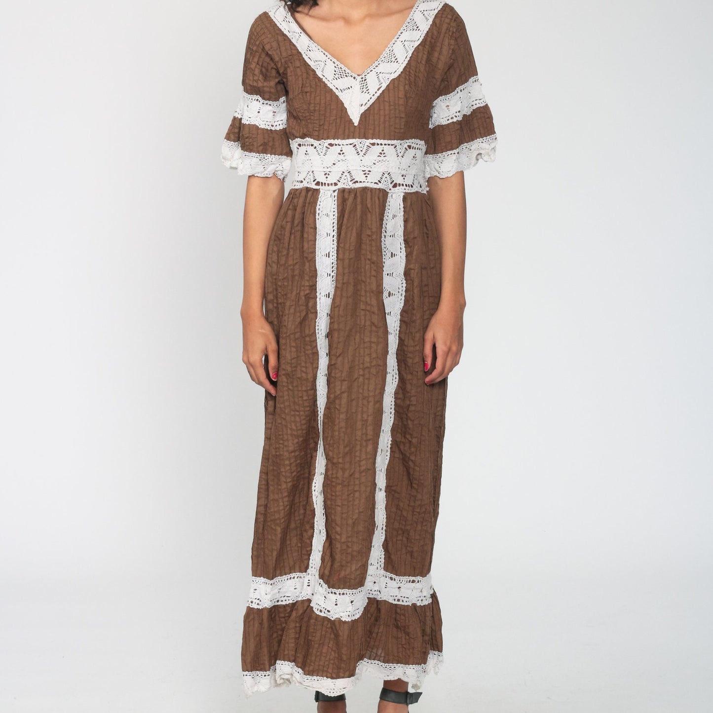 70s Mexican Wedding Maxi Dress Brown Crochet Lace Bell Sleeve Extra Small