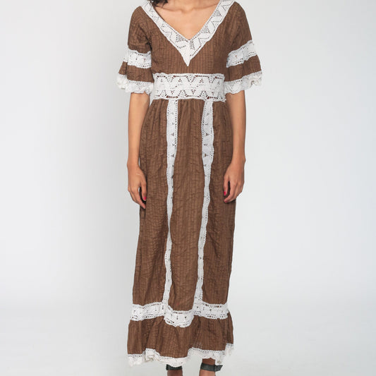 70s Mexican Wedding Maxi Dress Brown Crochet Lace Bell Sleeve Extra Small