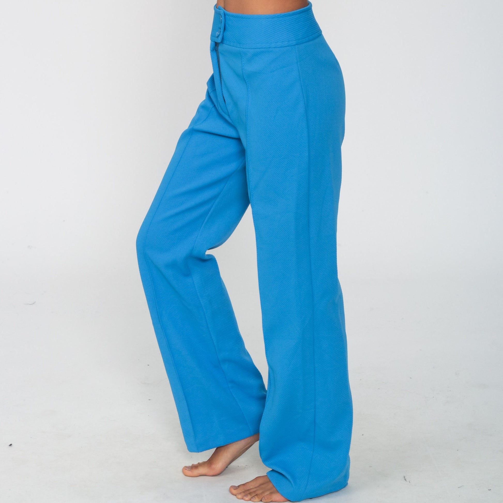 70s Blue Polyester High Waist Bell Bottom Trousers Small