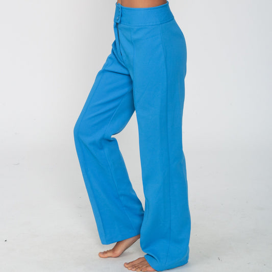 70s Blue Polyester High Waist Bell Bottom Trousers Small