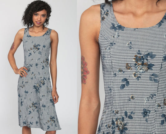 90s Gingham Floral Rayon Midi Dress Sleeveless Sheath Blue Extra Small