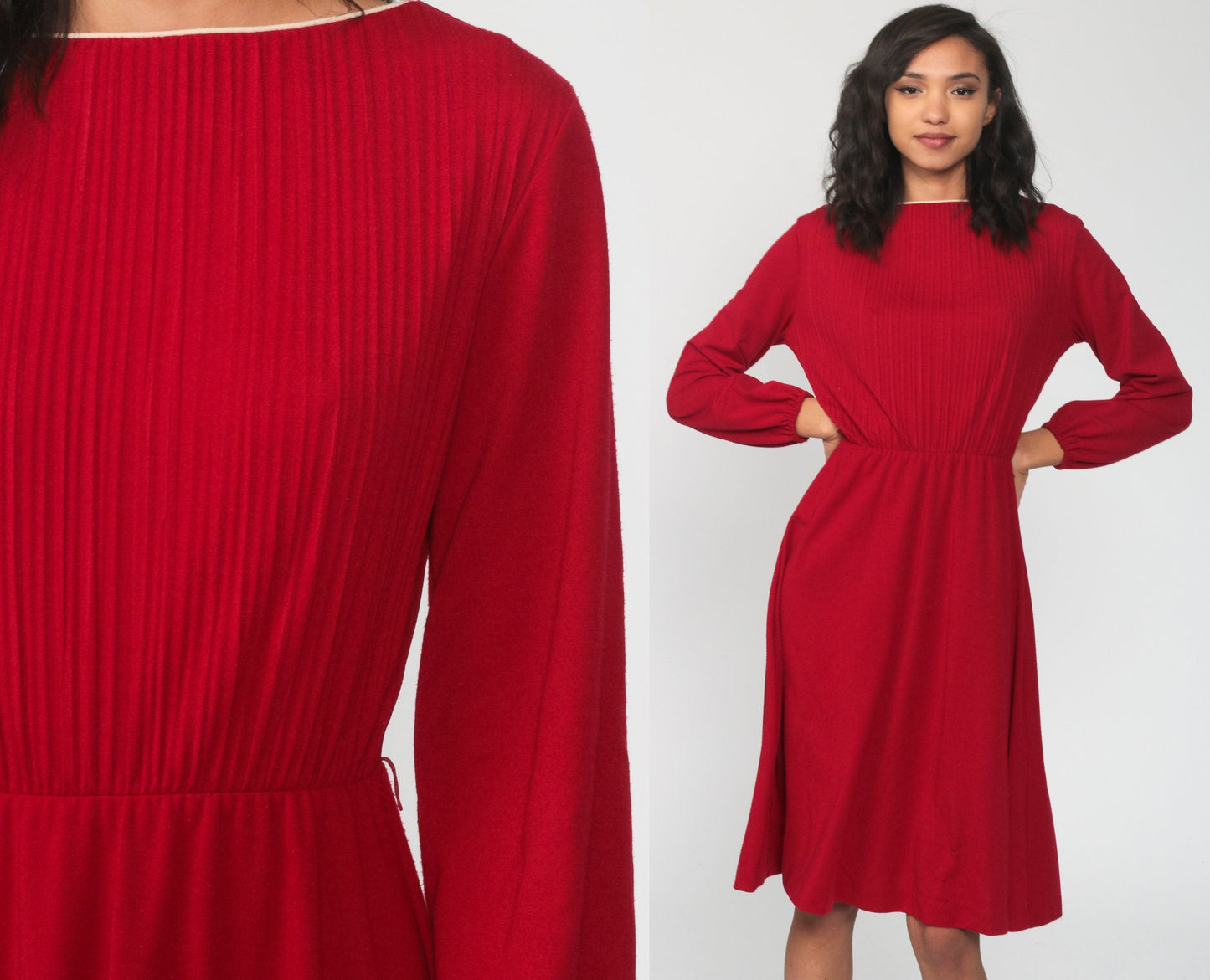 70s Dark Red Midi Dress High Waist Knife Pleated Long Sleeve Small