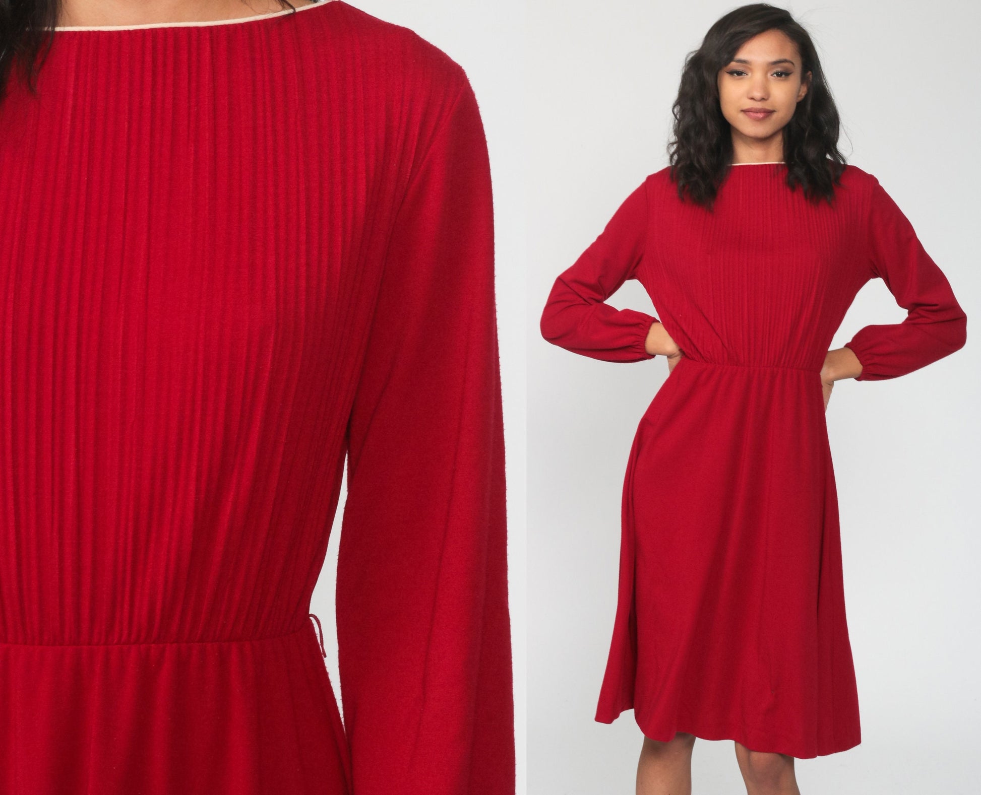 70s Dark Red Midi Dress High Waist Knife Pleated Long Sleeve Small