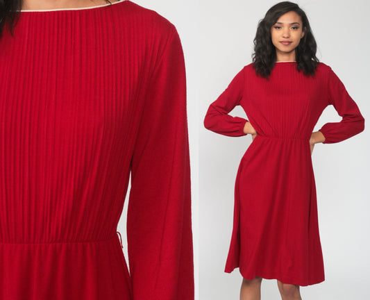 70s Dark Red Midi Dress High Waist Knife Pleated Long Sleeve Small