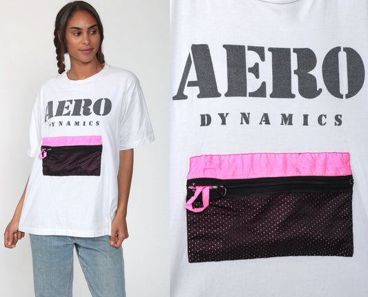 90s Aero Dynamics Neon Slogan Graphic T-Shirt Cotton Small