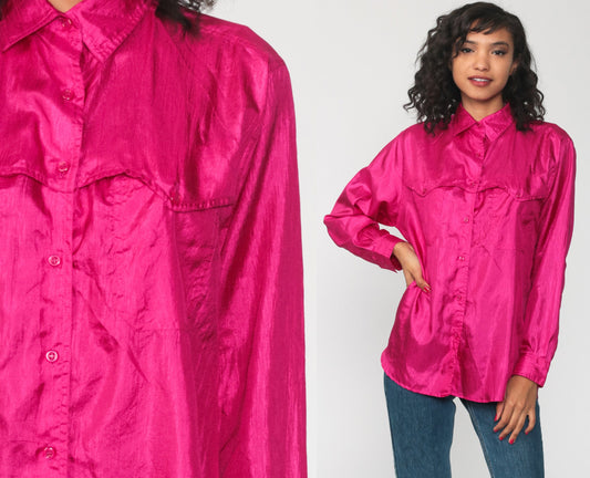 90s Shiny Pink Button-Up Blouse Long Sleeve Collared Shirt Large L